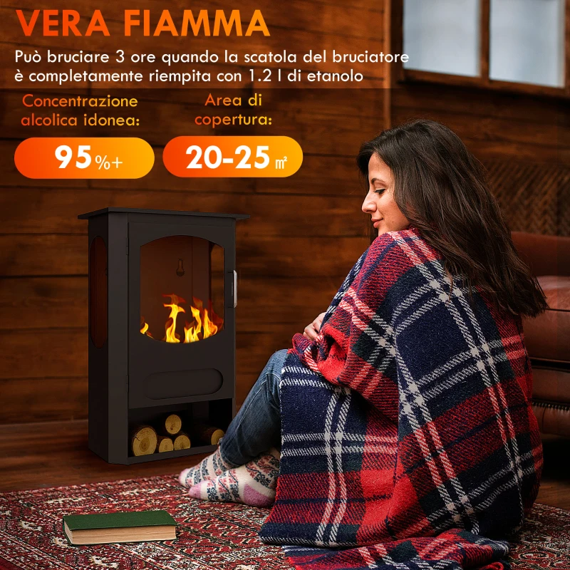 HOMCOM Camino a Bioetanolo Autoportante, Bruciatore da 1.2L Durata 3 Ore, Area Riscaldata 20-25 m², Nero