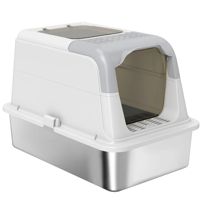 PawHut Maison de toilette pour chat bac à litière fermé bac acier inoxydable, nettoyage facile, 60,4 x 40,4 x 41,8 cm, blanc