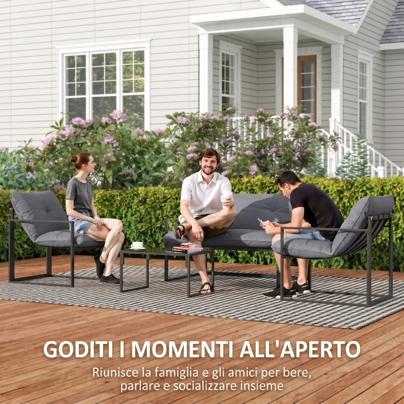 Outsunny Set da Giardino 4 Pezzi con Divanetto, 2 Poltrone e Tavolino, in Acciaio, Poliestere e Cotone PP, Nero e Grigio