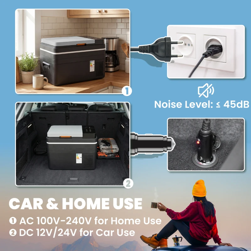Outsunny 30L Compressor Car Fridge Freezer, Camping Refrigerator with App Control, 12/24V DC and 100-240V AC, Black