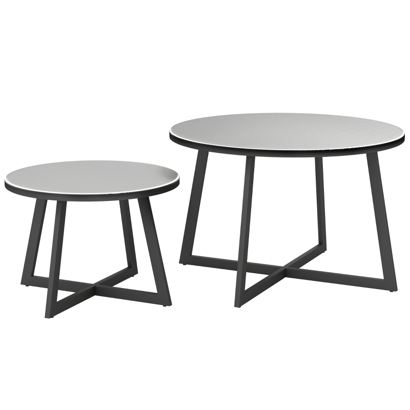 Outsunny 2er Set Beistelltisch Stapelbar Gartentisch Rund wetterfest Balkontisch mit X-Beine Glasplatte Stahl Schwarz+Grau