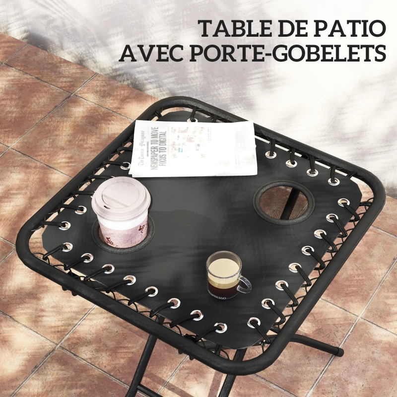 Outsunny Set de 2 Tumbonas Jardín Exterior Plegables de Gravedad Cero con Mesa Auxiliar con Portavasos Reposacabezas Negro
