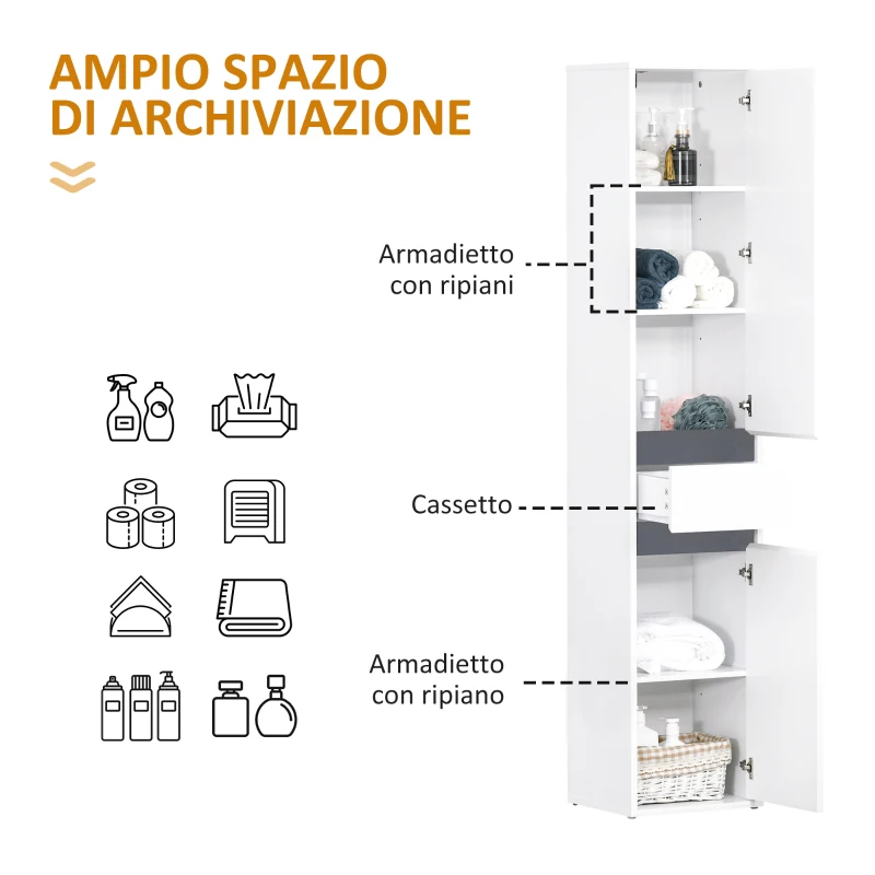 HOMCOM Colonna Bagno a 2 Armadietti con Ripiano Regolabile e Cassetto, in Truciolato, 35x31x172 cm, Bianco