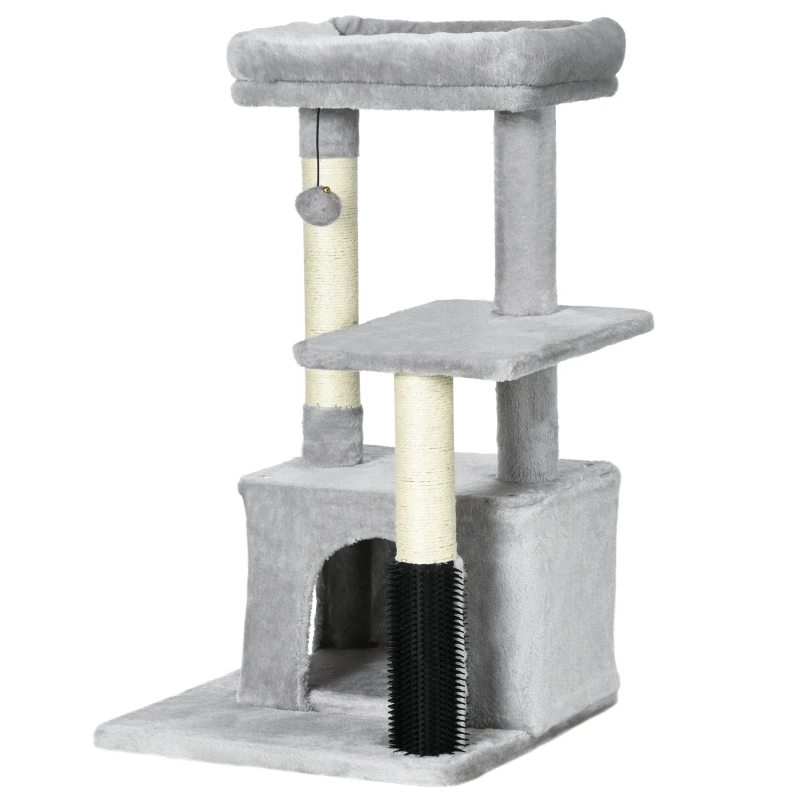 PawHut Albero Tiragraffi per Gatti Multilivello con Lettino e Casetta, Rivestimento in Peluche, Grigio