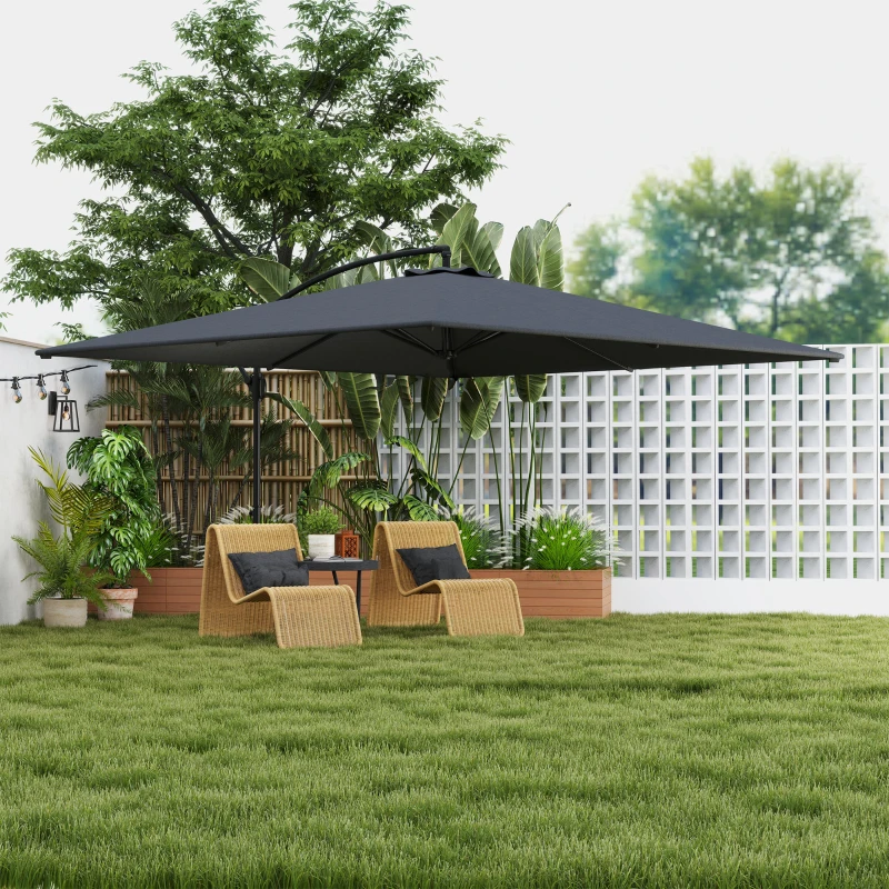 Outsunny Parasol déporté rectangulaire 3,6x3,9 m avec manivelle, base en croix, parasol inclinable et rotation à 360°, gris