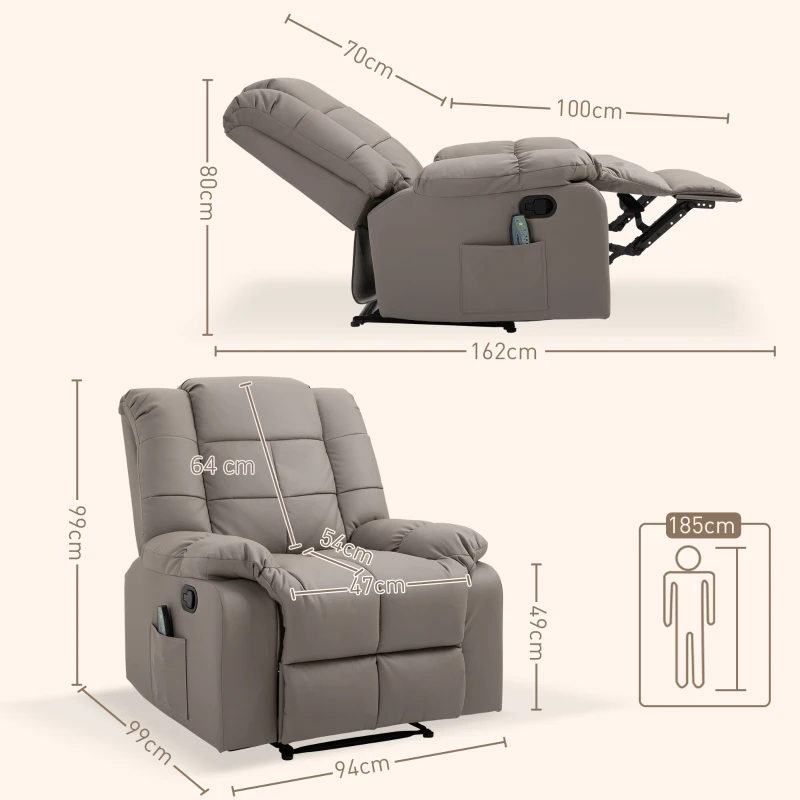 HOMCOM Poltrona Relax con 8 Punti Massaggio e Reclinazione a 165° in Finta Pelle, Grigio