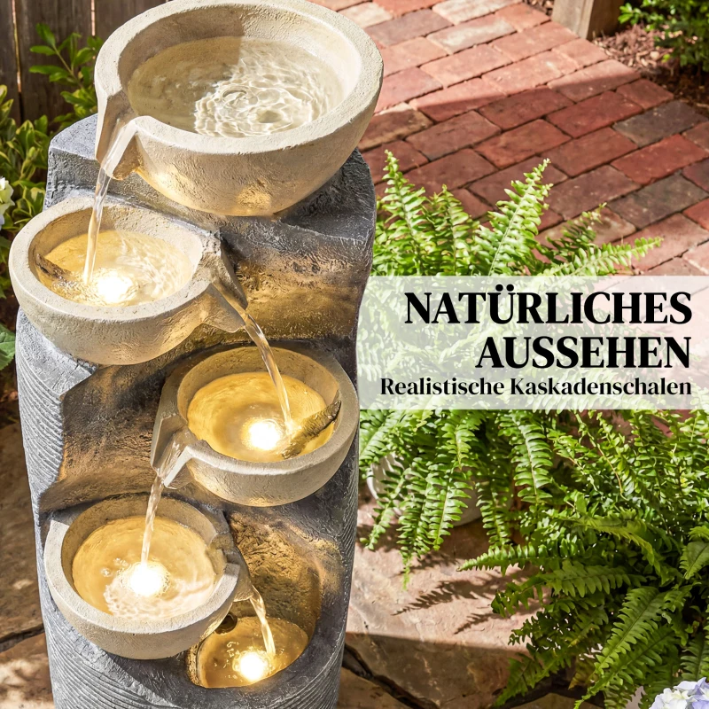 Outsunny Springbrunnen 5-stufig Gartenbrunnen mit LED Beleuchtung Pumpe Steinoptik, Verstellbar 33 x 31 x 80 cm
