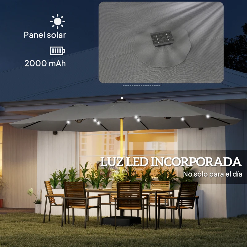 Outsunny Sombrilla Doble de Jardín 4,6x2,6 m con 48 Luces LED Base Incluida Manivela Sacos de Arena Anti-UV Gris Claro