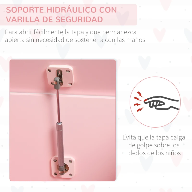 HOMCOM Caja de Almacenaje de Madera para Juguetes Baúl Organizador para Niños +3 Años con Tapa para Libros Ropa en Habitación Dormitorio 60x40x48 cm Rosa