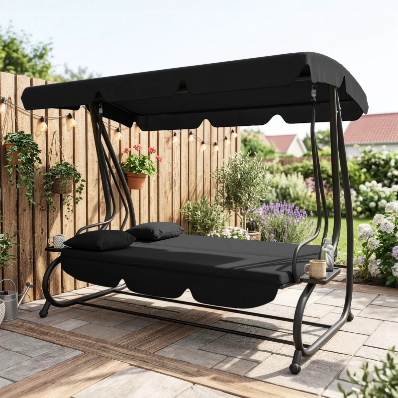 Outsunny Three-Person garden Swing Chair, with Adjustable Canopy - Black