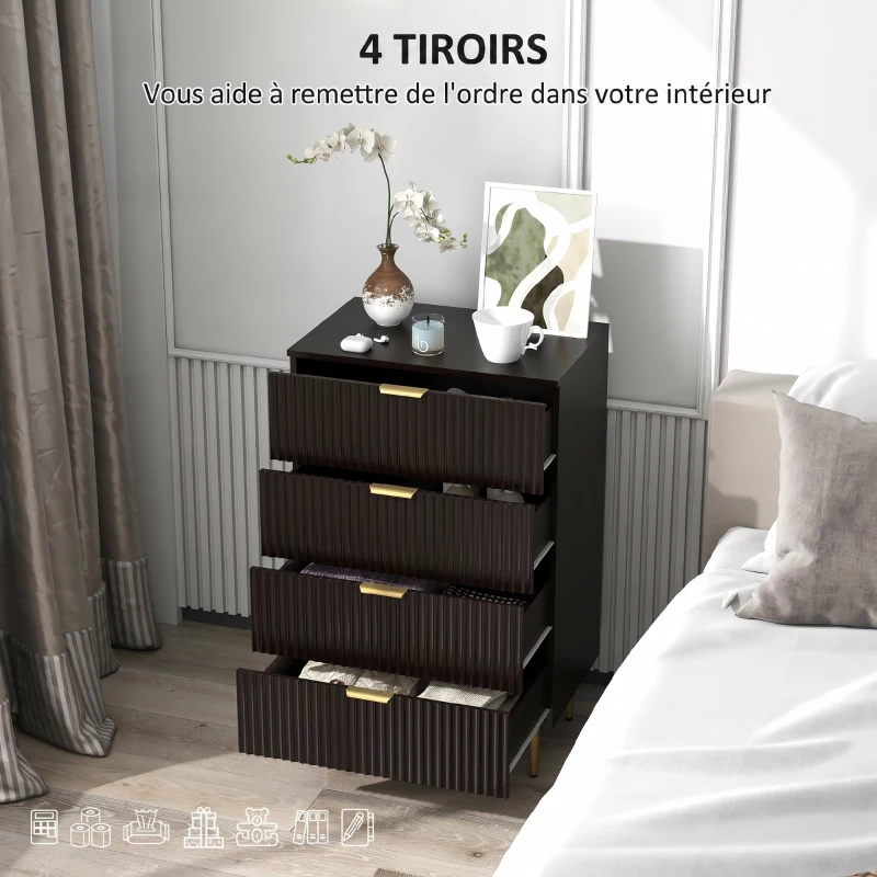 HOMCOM Commode 4 tiroirs commode chambre meuble de rangement moderne avec poignées et pieds dorés, dim. 60 x 40 x 96 cm, noir
