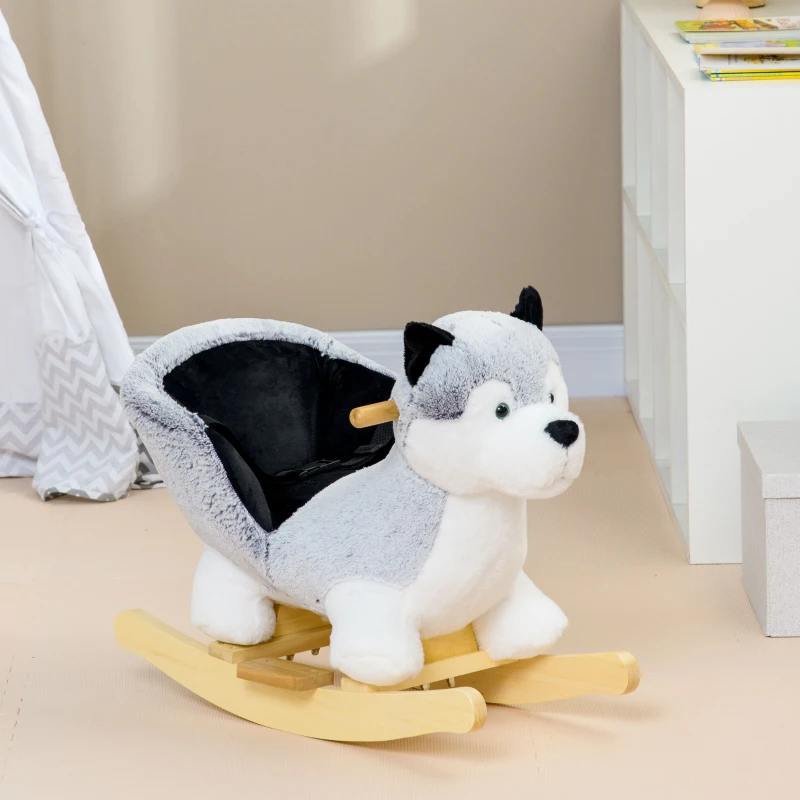 HOMCOM Baby Rocking Horse, Husky-Designed Plush Rocking Animal, with Sounds, Seatbelt, for Ages 18-36 Months - Grey