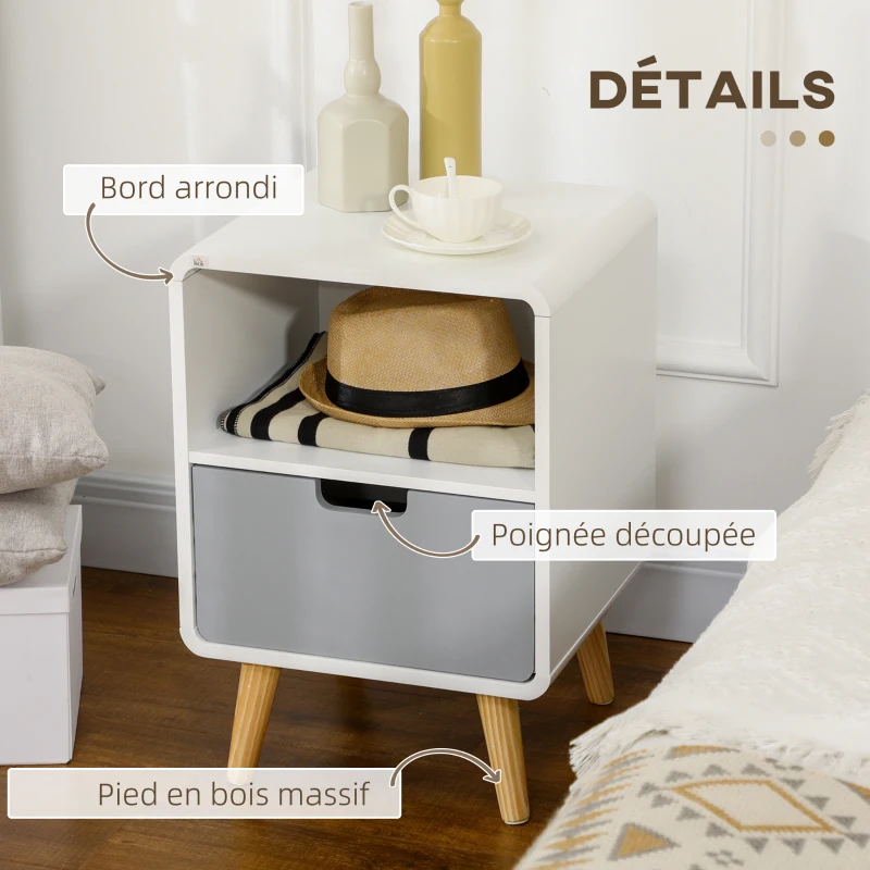 HOMCOM Table de Nuit Table de Chevet scandinave 40L x 38l x 58H cm tiroir + Niche en Bois Blanc Bleu Gris