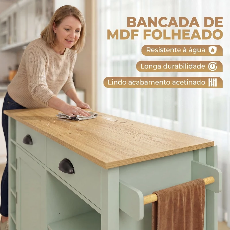 HOMCOM Ilha de Cozinha com Rodas Tampo Rebatível Suporte para Especiarias Prateleiras na Porta Armário 2 Gavetas 117,5x70x91 cm Verde Claro