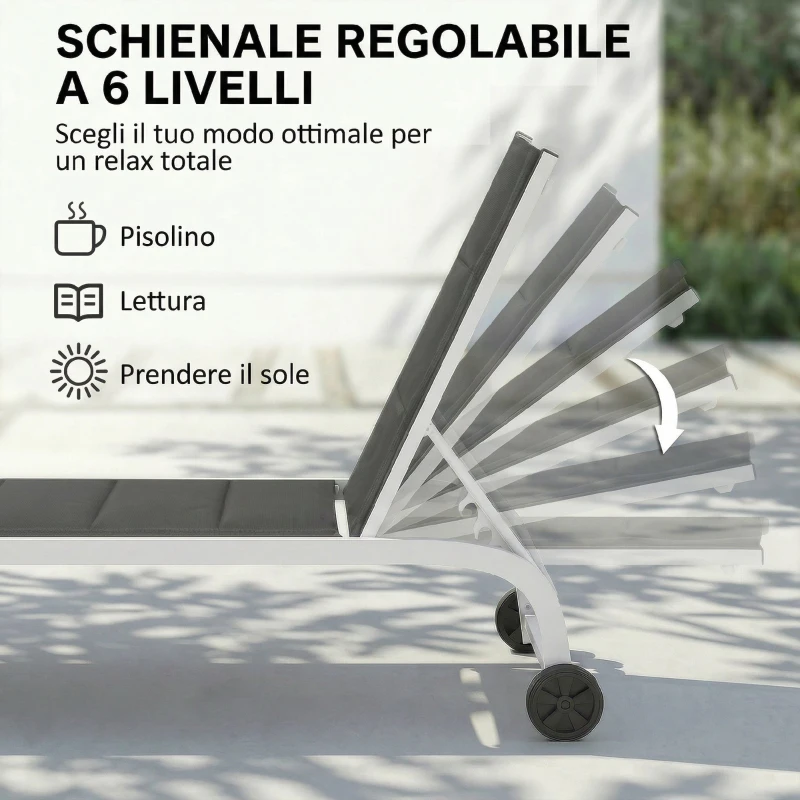 Outsunny Lettino Prendisole da Giardino con Ruote, in Texteline con Telaio in Alluminio, Grigio Scuro e Bianco