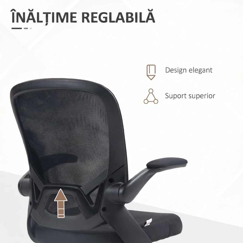 HOMCOM Scaun de birou ergonomic cu înălțime reglabilă, brațe rabatabile și material textil tip plasă, negru