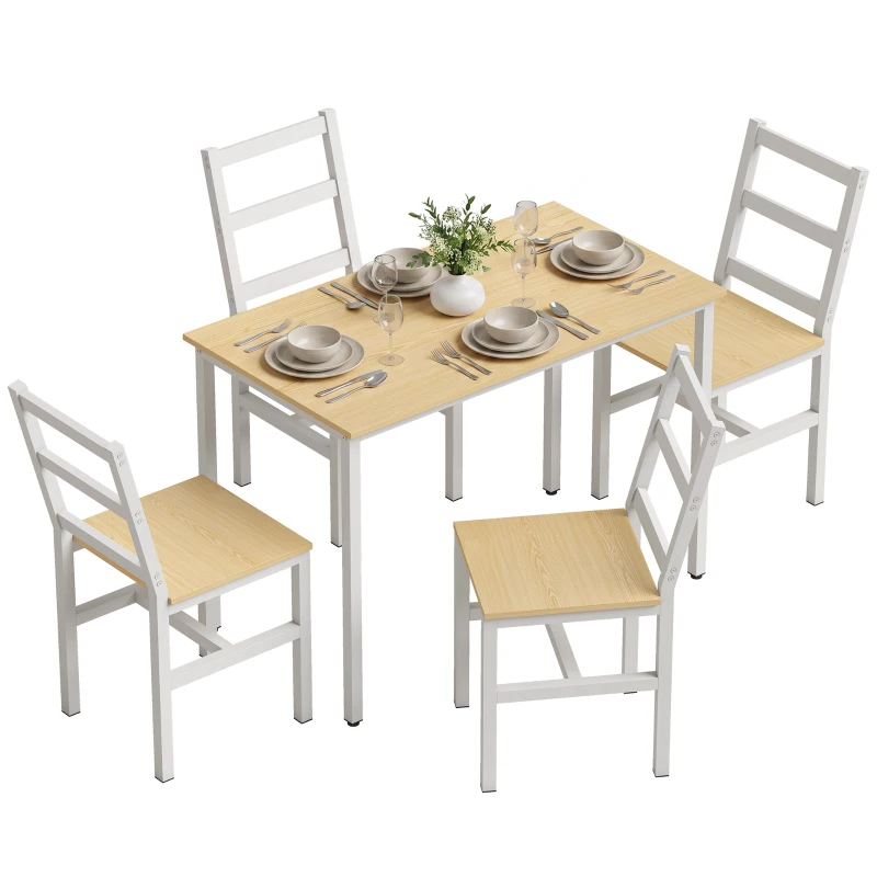 HOMCOM Ensemble Table Salle à Manger avec 4 Chaises, Table Rectangulaire 108 cm, Chaises à Dossier à Lattes, Chêne et Blanc