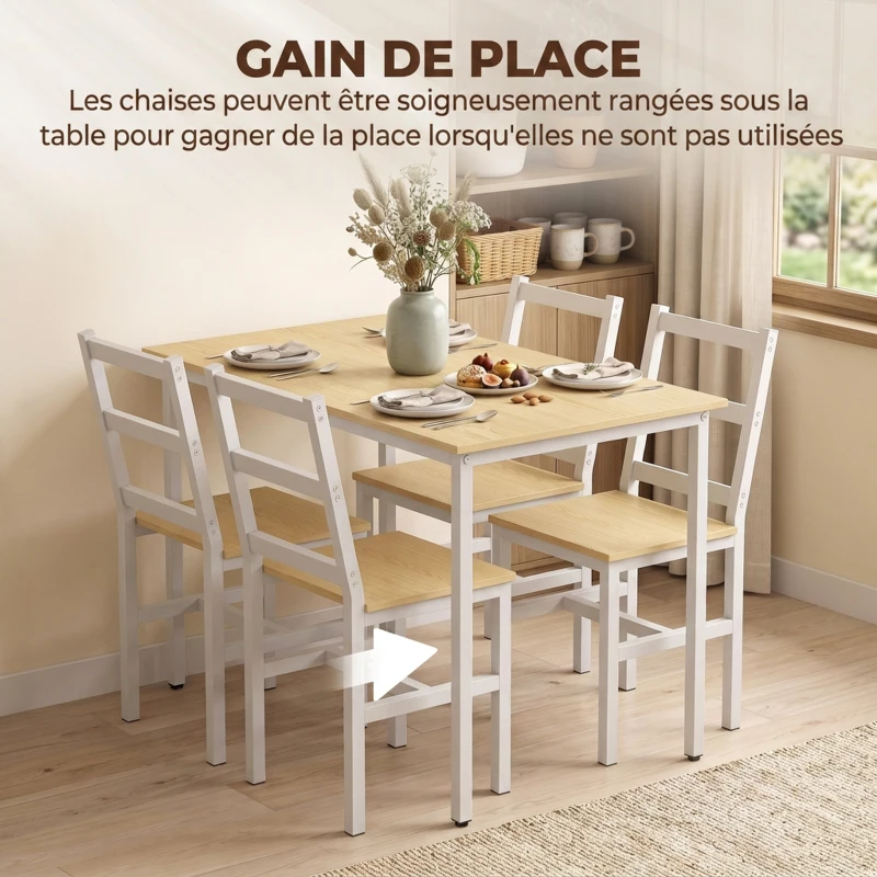 HOMCOM Ensemble Table Salle à Manger avec 4 Chaises, Table Rectangulaire 108 cm, Chaises à Dossier à Lattes, Chêne et Blanc