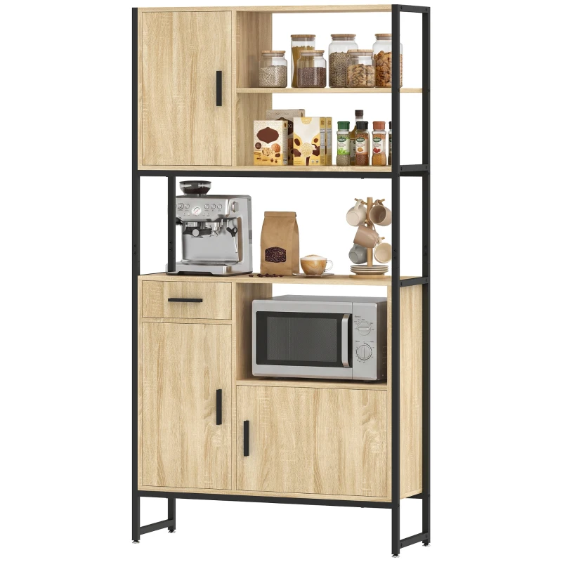 HOMCOM Aparador Alto para Cozinha Armário de Cozinha 3 Portas com Fecho Suave Gaveta Bancada Nichos Abertos Madeira Natural