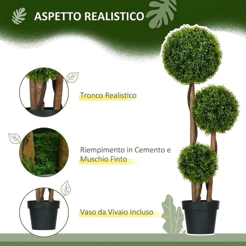 HOMCOM Pianta di Bosso Artificiale a 3 Sfere con Foglie di Bambù, Vaso Incluso, Altezza 110 cm, Verde