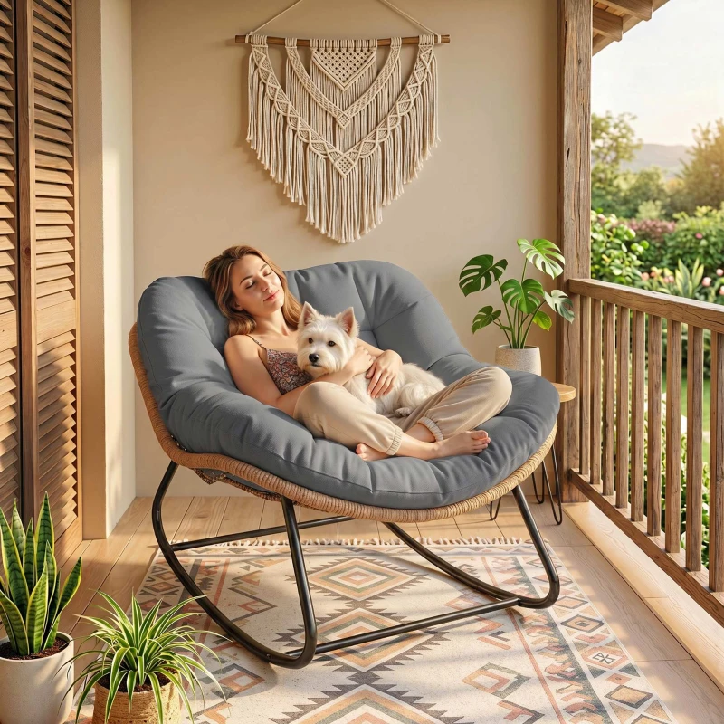 Outsunny Indoor Outdoor Rocking Chair, Oversized Rocking Egg Chair with Cushion for Living Room, Garden, Patio, Grey