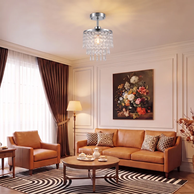 HOMCOM Crystal Ceiling Light with 57 Crystal Strands, Ceiling Light with Mounting Plate for Hallway, Silver Tone