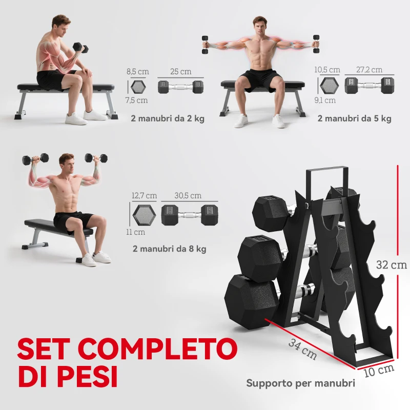 SPORTNOW Set di Manubri Palestra con Supporto in Metallo con Impugnatura Antiscivolo, 2x2kg, 2x5kg, 2x8kg, Nero