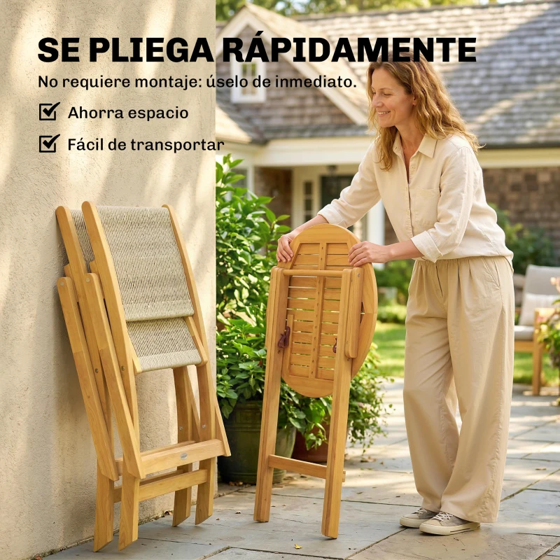 Outsunny Conjunto de Jardín de 3 Piezas de Madera con 2 Sillas Plegables y Mesa Redonda para Patio Balcón Natural