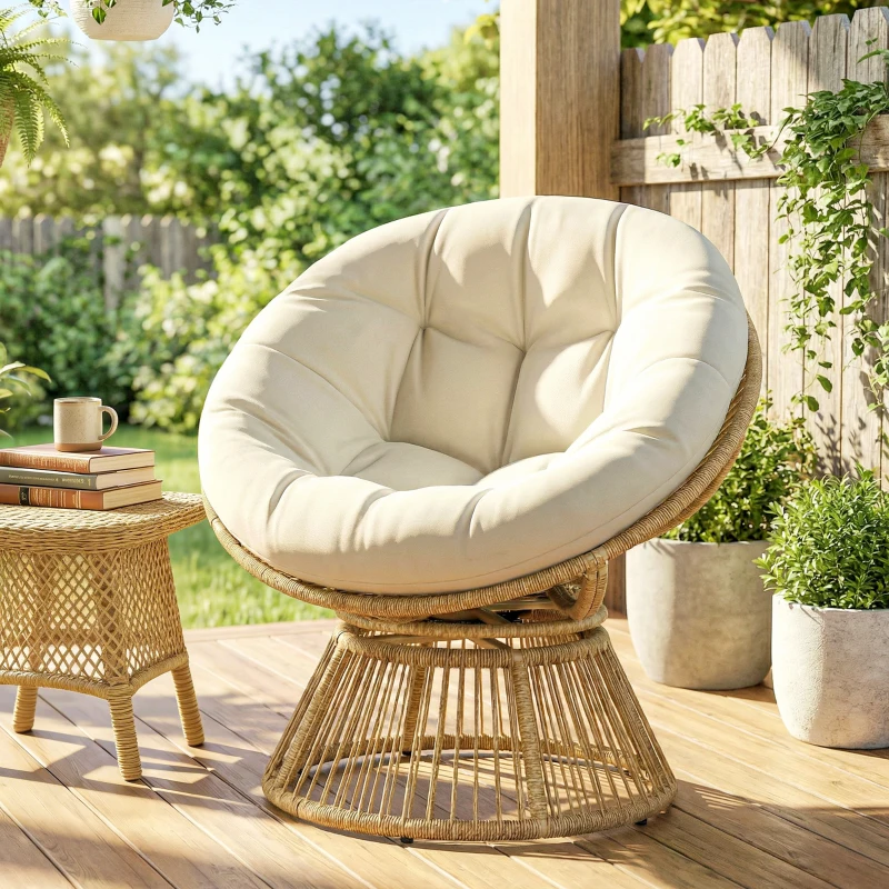 Outsunny Fauteuil Papasan Pivotant 360° Fauteuil de Jardin en Polyrotin Coussin Moelleux 12cm 93 x 81 x 87 cm Naturel