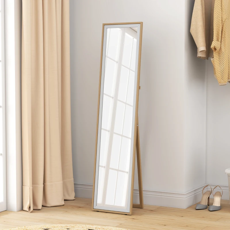 HOMCOM Espejo de Pie Cuerpo Entero con Marco de MDF Espejo de Pared Rectangular con 2 Formas de Uso 37x4x157 cm Plateado y Natural