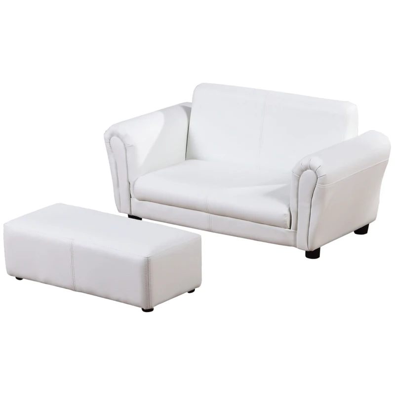 HOMCOM Kids Sofa Bed Kids Twin Sofa Toddler Chair 2 Seater Kids Twin Sofa Chair Boys Girls Couch w/ Footstool (White)