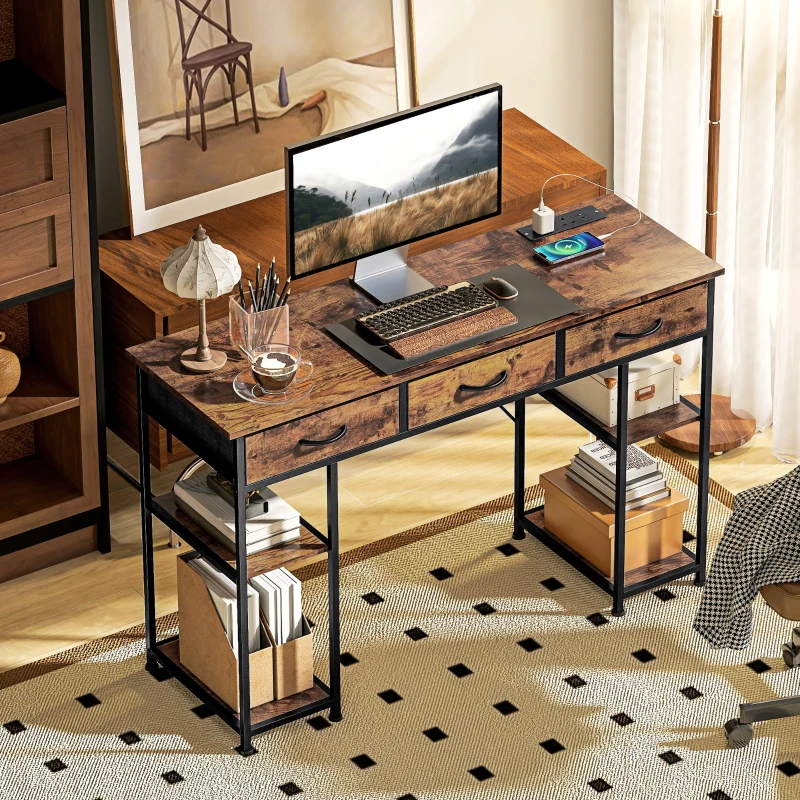 HOMCOM 120cm Computer Desk with Power Outlets, Office Desk Study Table with Fabric Drawers and Storage Shelves, Rustic Brown