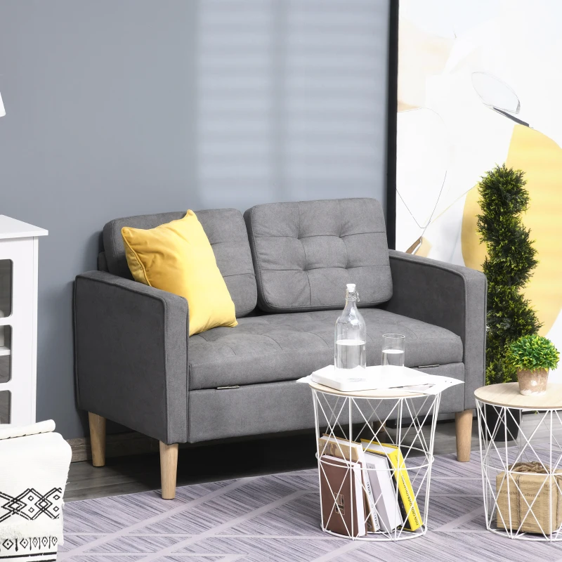 HOMCOM Modern 2 Seater Sofa with Hidden Storage, 117cm Tufted Cotton Couch with Wood Legs, Compact Loveseat for Living Room, Grey