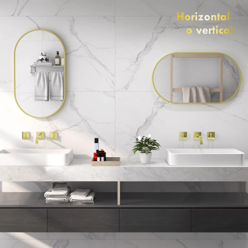 HOMCOM Espejo de Baño Ovalado 40x70 cm Espejo Decorativo de Pared con Marco de Aluminio para Salón Horizontal o Vertical Dorado