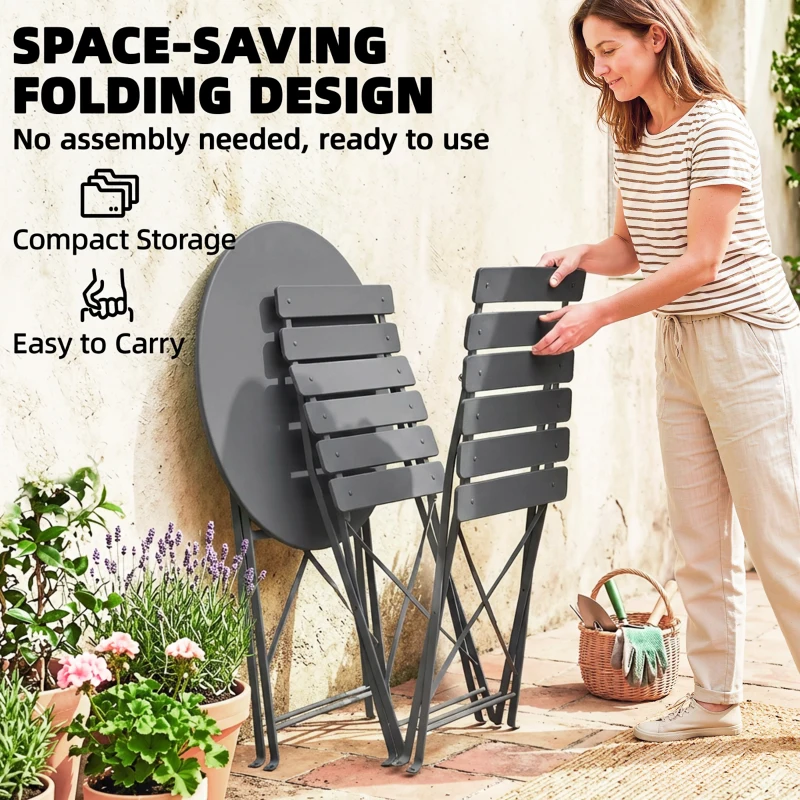 Outsunny Folding Garden Bistro Set, Outdoor Round Bistro Table and Chairs Set 2 with Electrophoresis Metal Frame, Grey