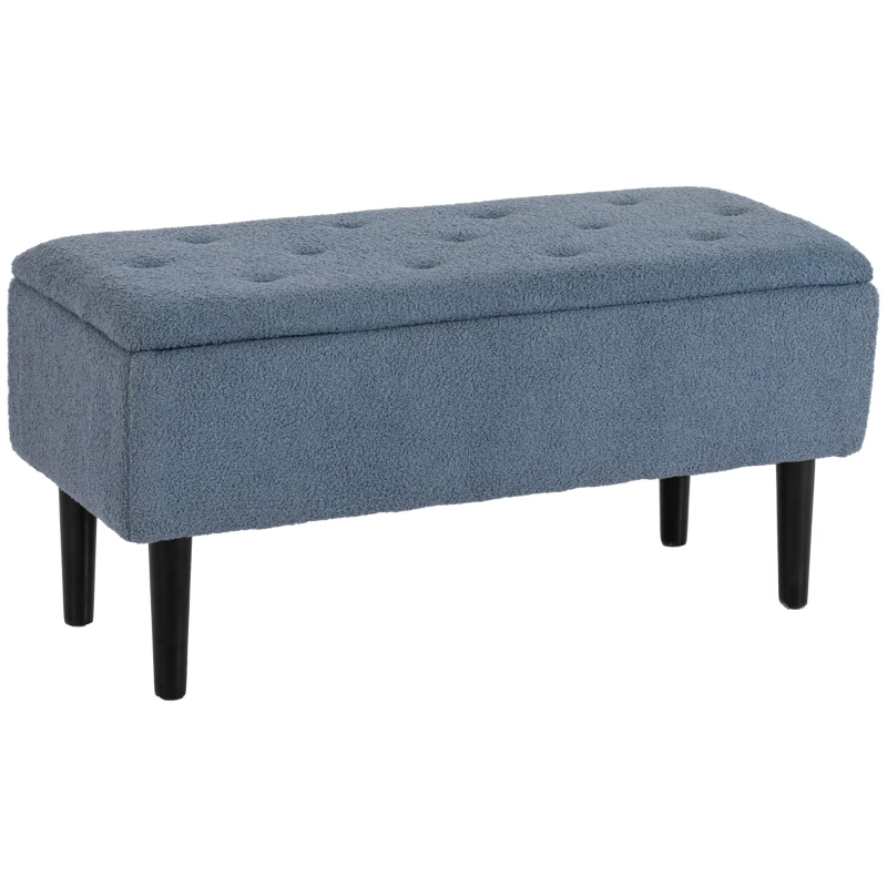 HOMCOM Banc de rangement coffre de rangement revêtement bouclette, pieds en bois de caoutchouc 95 x 38 x 45 cm bleu
