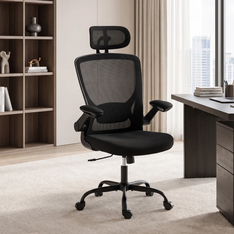 HOMCOM Cadeira de Escritório Ergonômica em Malha com Apoio de Cabeça Ajustável, Preta