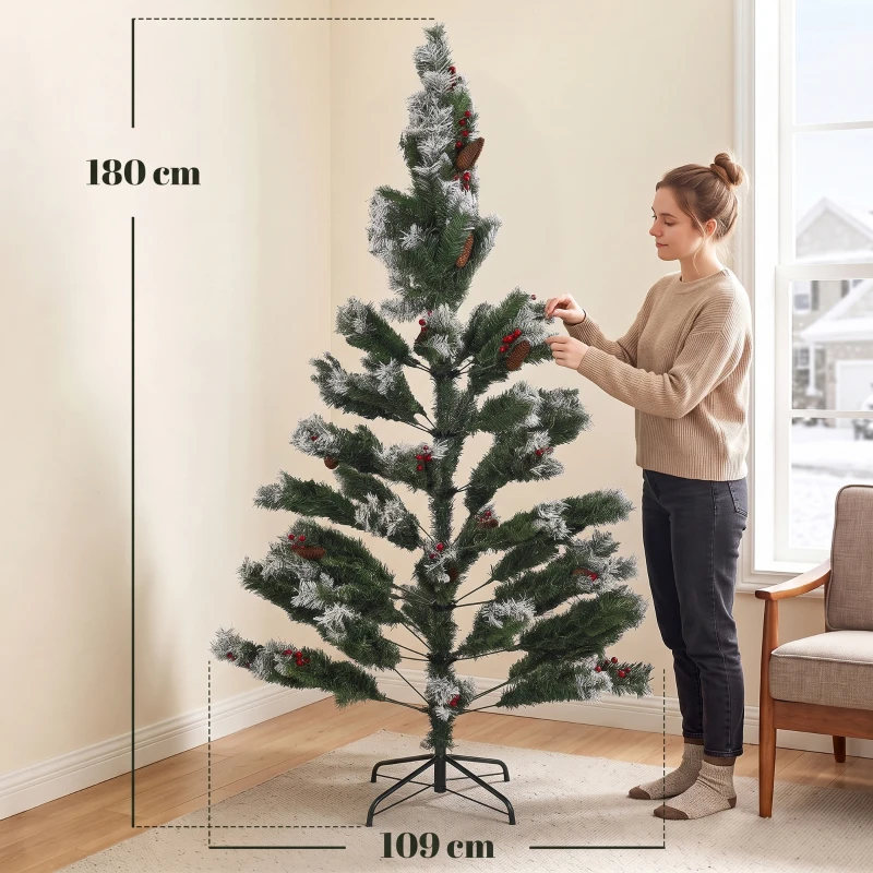 HOMCOM Künstlicher Schneebesprengter Weihnachtsbaum 180 cm mit 840 Zweigspitzen rote Beeren Zapfen klappbarer Stahlfuß schneller Aufbau Grün