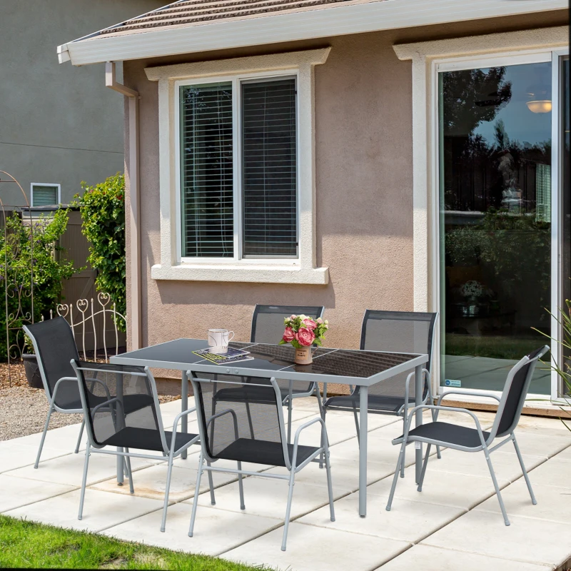 Outsunny Conjunto de Muebles Exterior para Jardín de 7 Piezas Incluye 1 Mesa y 6 Sillas Apilables con Reposabrazos 150x90x72cm Negro