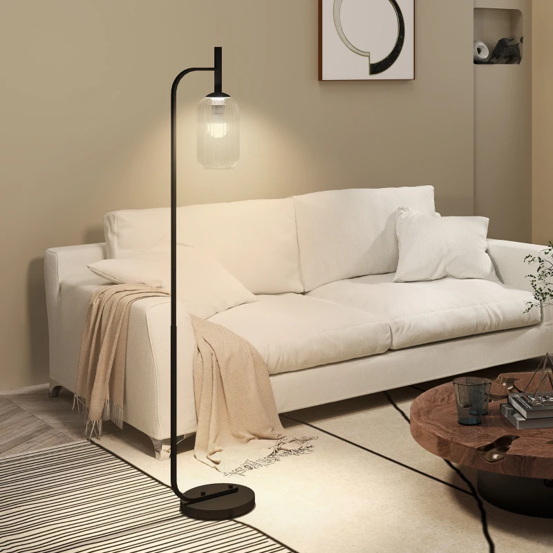 HOMCOM Floor Lamp for Living Room with Glass Lampshade, Modern Standing Lamp with Foot Switch for Bedroom, Bulb not Included, Black