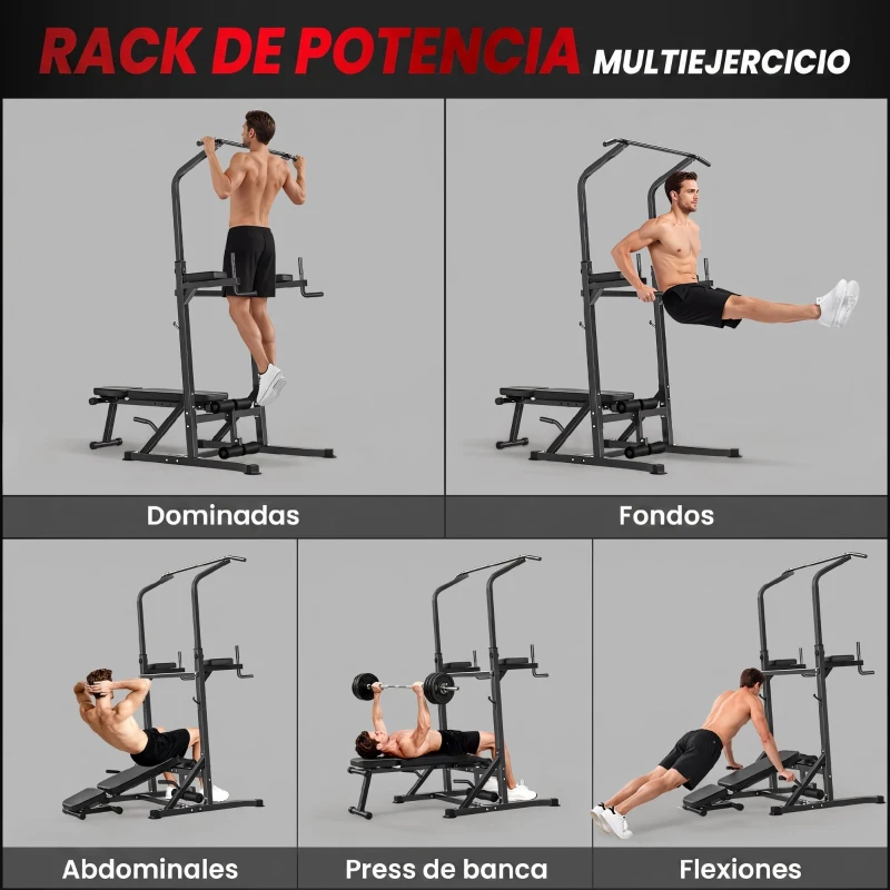 HOMCOM Estación de Musculación Torre de Entrenamiento Altura Ajustable 200-230 cm con Barra de Dominadas y Banco Plegable para Fitness en Casa Gimnasio Carga 150 kg Negro