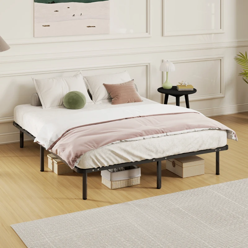 HOMCOM Cadre de lit 160 x 190 cm, lit 2 personnes en bois massif avec sommier à lattes et pied, rangement au-dessous, noir