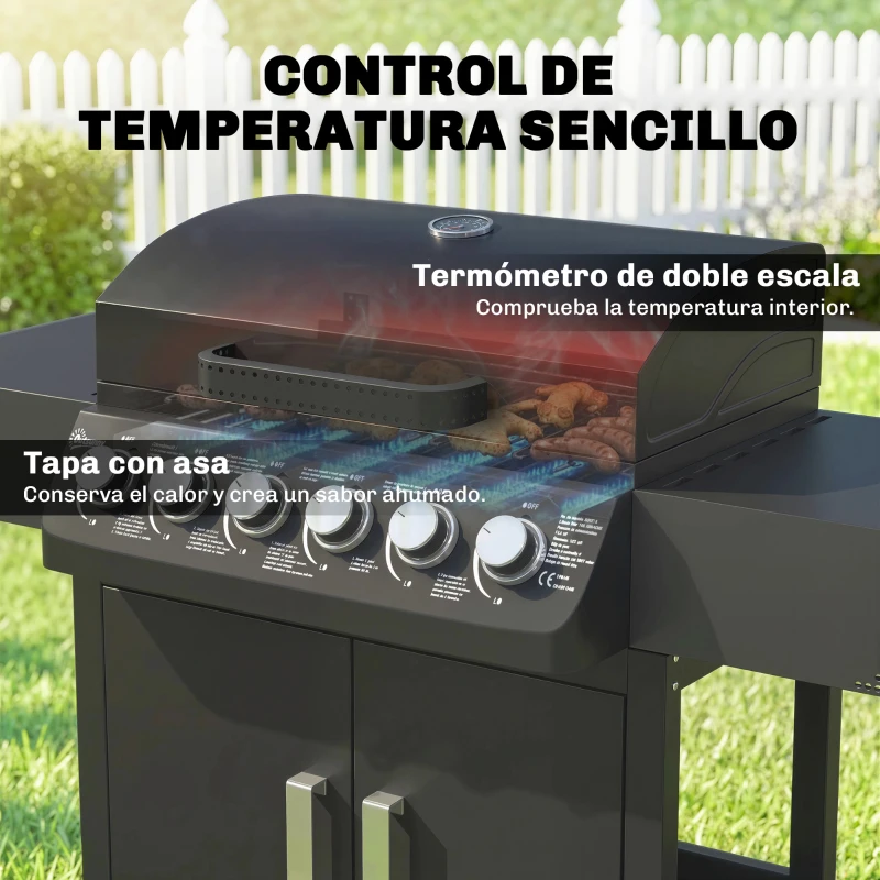 Outsunny Barbacoa de Gas con 6 Quemadores 15 kW Termómetro Parrilla Mesas Laterales Armario y Ruedas 135x51x101 cm Negro