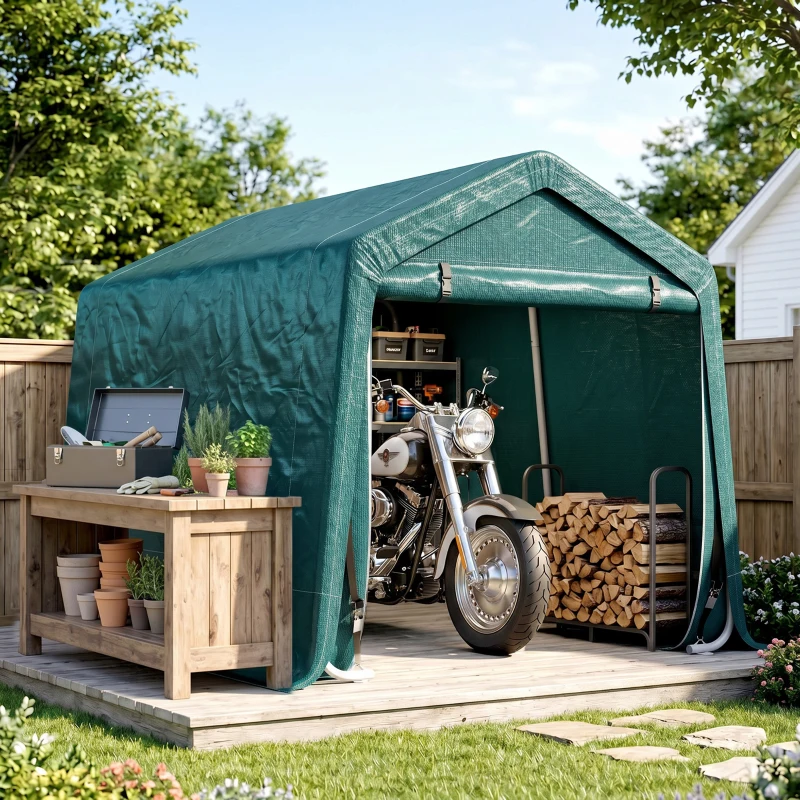 Outsunny 8 x 6.5 ft Outdoor Garden Storage Shed, Waterproof Bike Tent with Double Roll-up Zipper Door for Garden Tools, Green