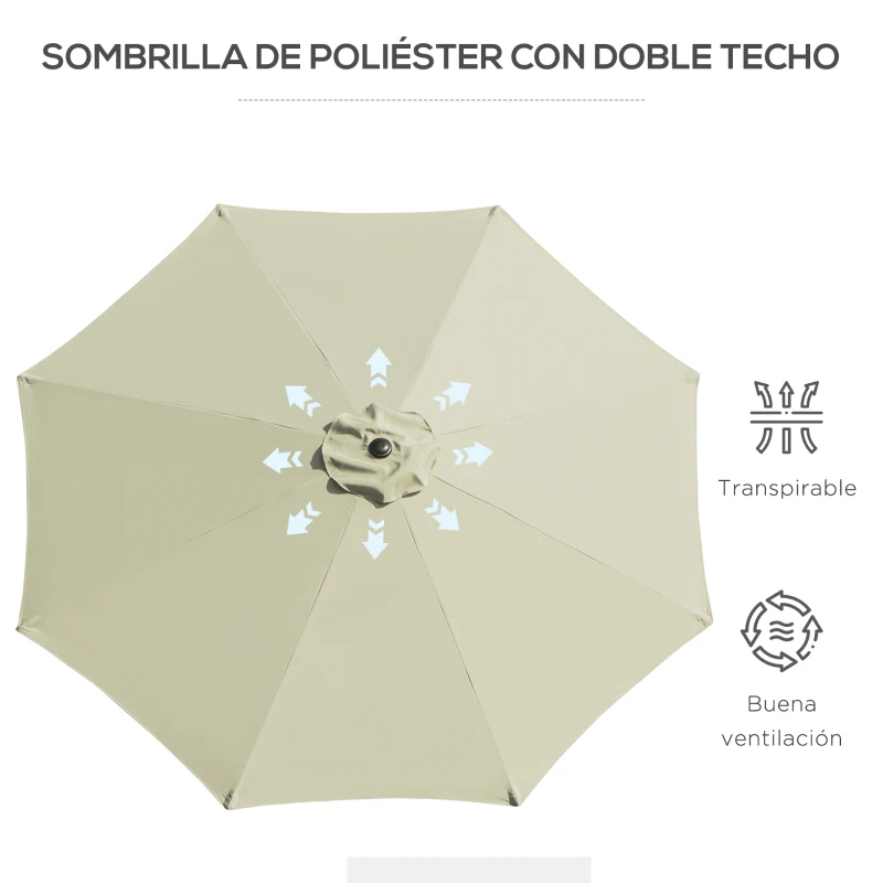 Outsunny Sombrilla de Jardín Ø295x250 cm con Manivela Parasol Exterior con Mecanismo de Inclinación y Poste Desmontable Beige