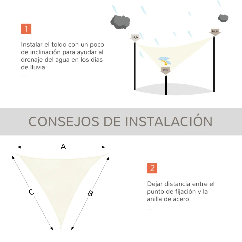 Outsunny Toldo Vela Triangular 3x3x3 m Vela de Sombra para Jardín Patio Terraza HDPE Anti UV y Transpirable Color Crema