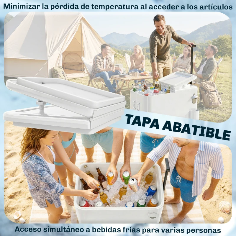 Outsunny Carrito Nevera de 56L con Ruedas Mango Ajustable Abrebotellas Recogetapas Drenaje y Asa 75x35x120 cm Blanco
