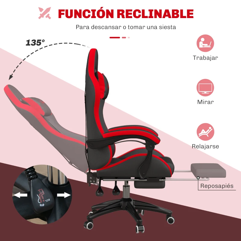 Vinsetto Silla Gaming de Cuero Sintético Reclinable 135° Reposacabezas y Reposapiés 65x65x121-129cm Negro y Rojo