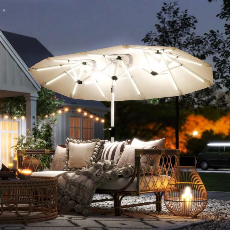 Outsunny 3 m Double-Sided Garden Parasol with LED Solar Lights, Tilt, Outdoor Extra Large Sun Umbrella with Crank Handle, Cream