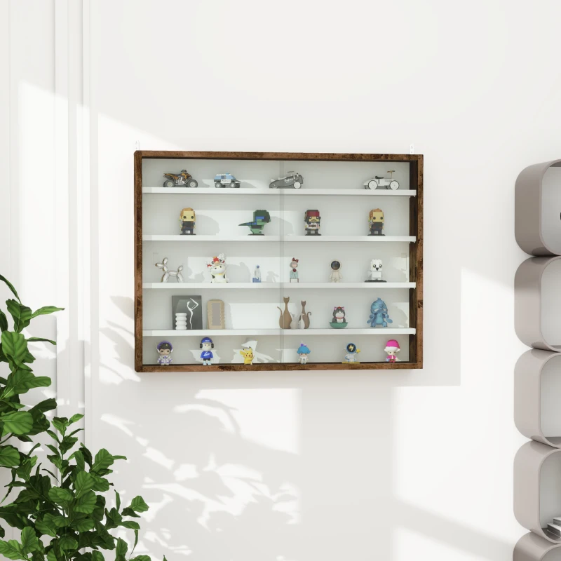 HOMCOM Bacheca Portaoggetti a 4 Ripiani Regolabili, Vetrina a Muro in Vetro e Legno, 80x9.5x60 cm, Marrone